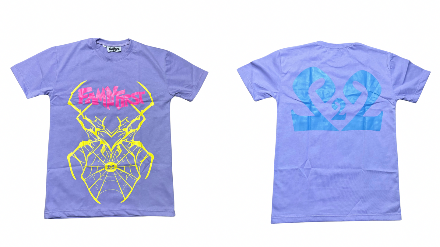Purple t-shirt with yellow and blue graphics on a white background