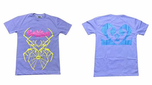 Purple t-shirt with yellow and blue graphics on a white background